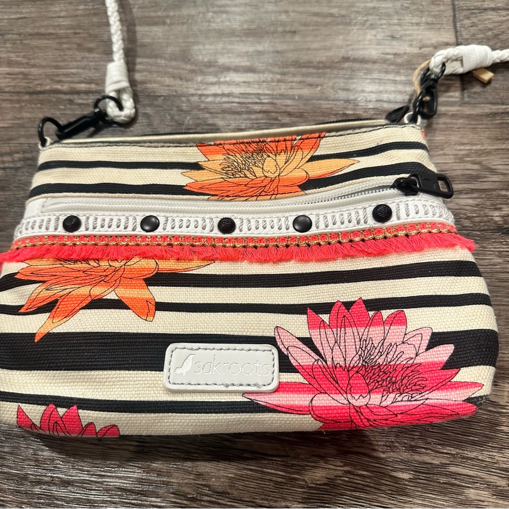 Sakroots Black and Cream Floral Satchel with Rope Textured Strap